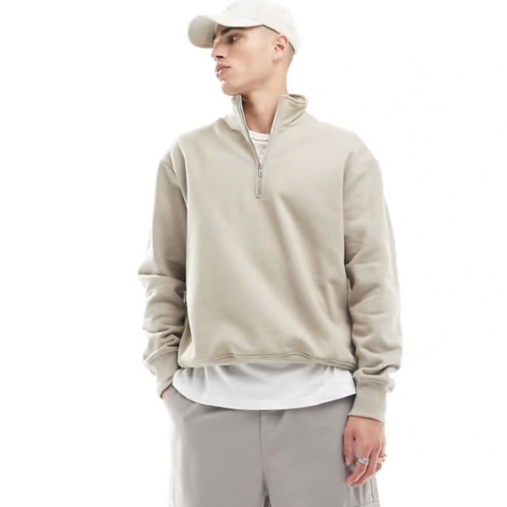 Asos Design Heavyweight Oversized Half Zip Sweatshirt in Beige,‎ L